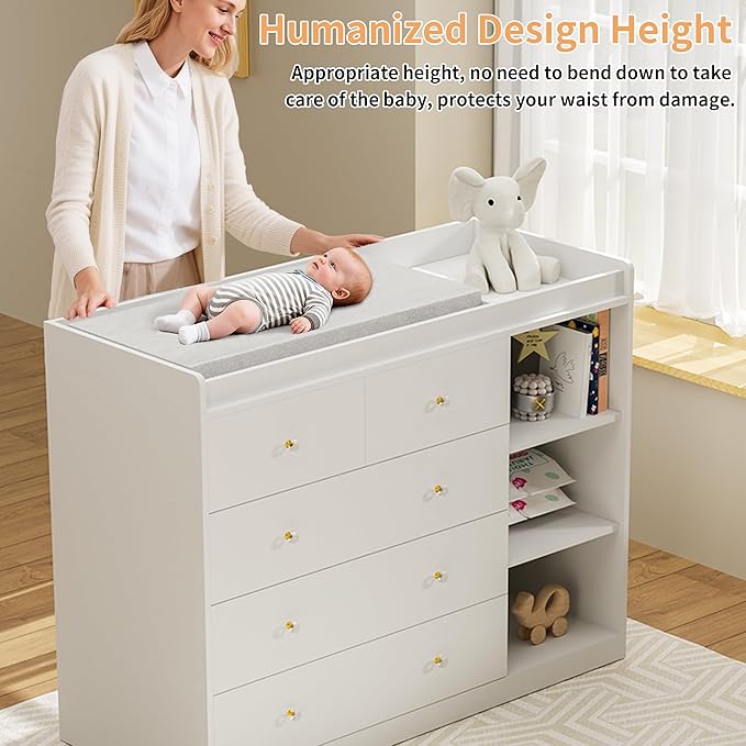 47.2" White Nursery Dresser with 5 Drawers and 3 Open Shelves Changing Table Dresser with Changing Table Top Diaper Changing Station with Storage for Nursery Children's Room