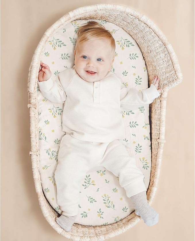 Konssy 2 Pack Muslin Bassinet Sheets for Baby Boy, 100% Cotton Soft Breathable Bassinet Mattress Sheets Fit for Hourglass Oval Cradle Rectangle Mattress (Leafy,Green)