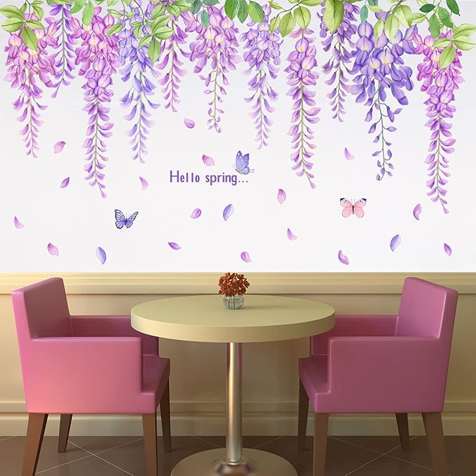 3D Removable Hanging Purple Blue Flowers with Green Leaves Wall Stickers Murals DIY Peel and Stick Flower Vines Floral Wall Decal for Home Wall Corner Kids Bedroom Living Room Nursery Decoration