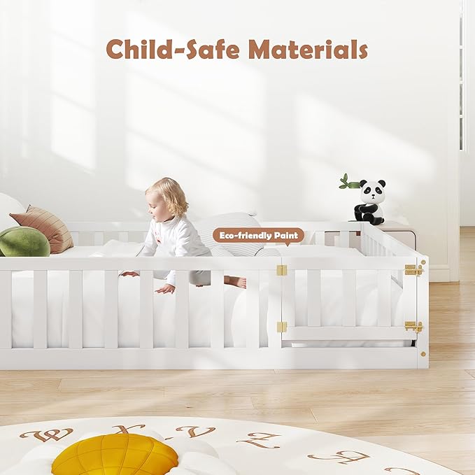 mikibama Full Floor Bed for Kids, Wooden Montessori Bed Frame with Headboard Bookcase, Storage Shelves & Safety Fence Rails, Kids Floor Bed Frame with Door for Girls, Boys, White