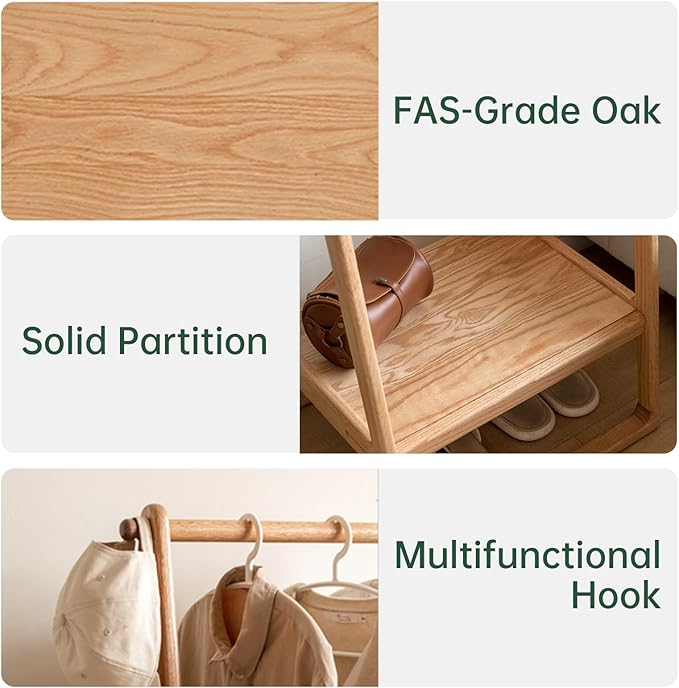 Solid Oak Wood Clothes Rack, Garment Rack with Shelves, Wooden Clothing Rack for Bedroom, Living Room, Entryway, 19" x 20" x 59", Natural