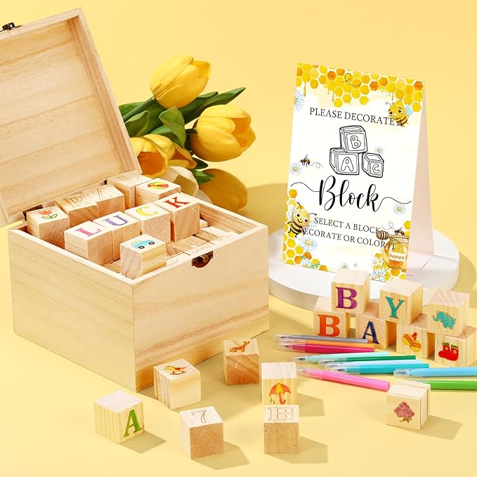 Marsui 136 Pcs Baby Shower Blocks to Decorate Game Kit Includes 98 Wooden Blocks, 36 Markers, 1 Game Sign, 1 Storage Box for Baby Shower Gender Reveal Activity Party Decorations(Bee)