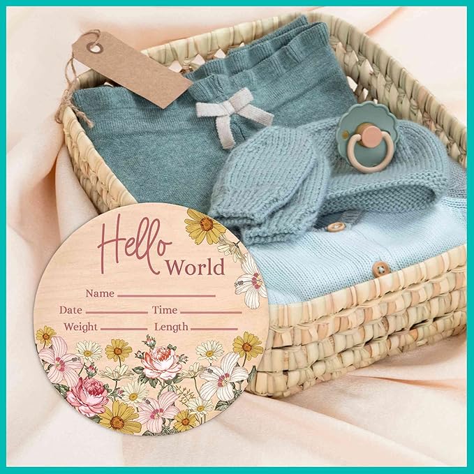 Hello World Newborn Sign - Baby Name Birth Announcement Plaque for Hospital - Daisy Pink Floral - Photo Prop - Nursery Decor - Shower Gift