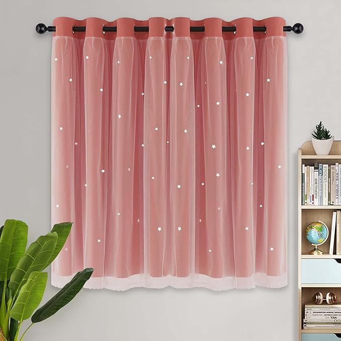 Kinryb Princess Small Curtains for Girls Bedroom with Sheer Overlay,Double Layer Curtain for Living Room with Star Cutout, Curtains for Kids Room (52 W*45 L Inches,2 Pcs Coral)