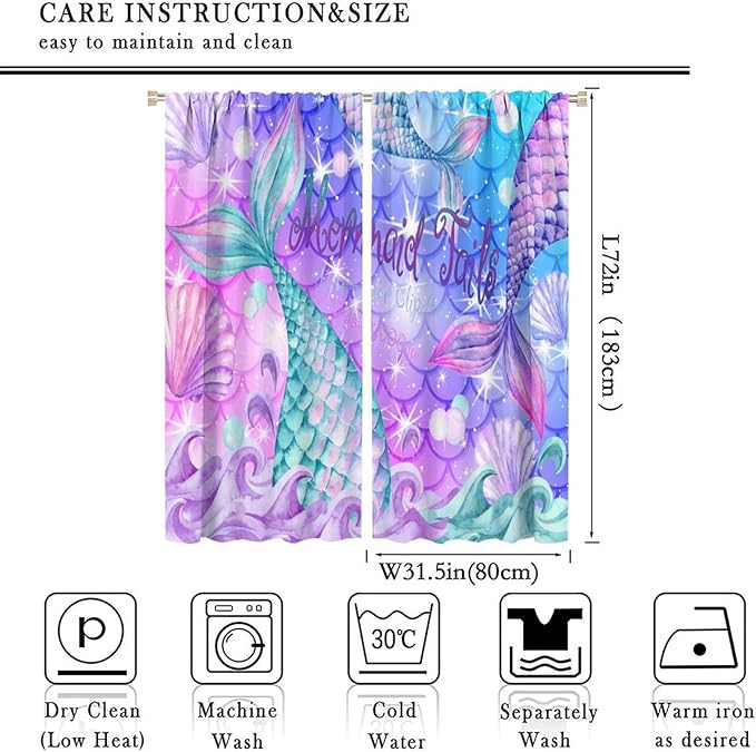 Dream Mermaid Curtain Colorful Mermaid Shell Ocean Theme Fantasy Blackout Curtains for Kids Boys Girls Bedroom Nursery Room Decor Rod Pocket Window Drapes 63x72in