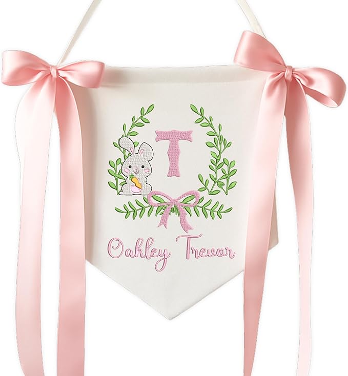 Embroidered Baby Name Sign Personalized Baby Announcement Sign Newborn Baby Banner with Bows Baby Hospital Name Sign Canvas Hanging Pennant Flag Custom Infant Baby Name Baby Shower Banner (02)