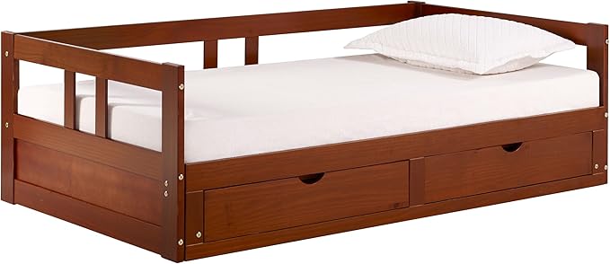 Melody Twin to King Extendable Daybed with Trundle and Storage Drawers – Solid Brazilian Pine Wood Guest Bed with 400lb Capacity for Kids, Teens, or Adults by Aalaterre Furniture (Chestnut Finish)