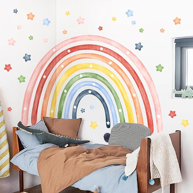 Tanlaby 56" X 43" Large Rainbow Wall Stickers Watercolor Stars Wall Decals Peel and Stick Colorful Art Decor for Baby Nursery Girls Bedroom Kids Playroom Daycare Classroom