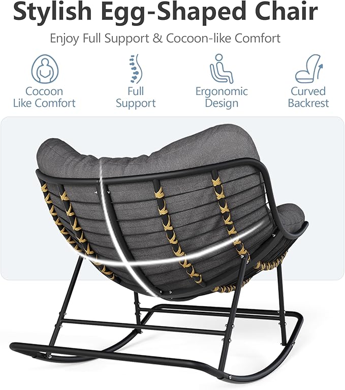 SWITTE Outdoor Papasan Rocking Chair, Oversized Egg Lounge Chair with Thick Cushion, Supports 450 lbs, Comfy Rocker for Patio, Balcony, Porch, or Indoor Living Room-Dark Grey