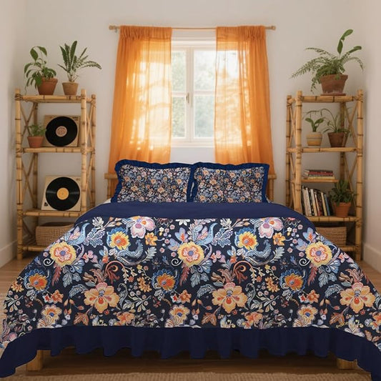 MAGRACE Ruffle Duvet Cover Queen Size 100% Cotton,3pc Linen Feel Boho Vintage Ruffled Quilt Cover Set French Country Rustic Cornflower Blue Comforter Cover Aesthetic Soft Bedding Set