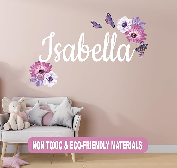 Butterfly Custom Name Wall Decal - Personalized Name Butterfly Decor - Custom Wall Sticker for Girls Rooms - Removable Flower Mural for Nursery Wall decor- Beautiful Floral Design (Wide 10"x7" Height)