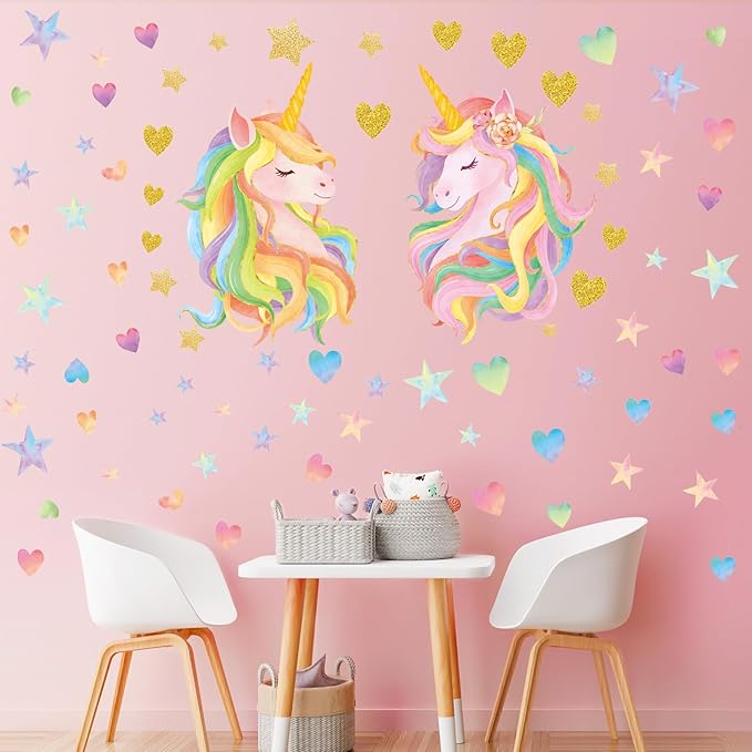 SHUCHING Unicorn Wall Decals Peel and Stick, Vinyl DIY Star Heart Wall Sticker, Wall Art Decor for Girls Nursery Baby Playroom Kids Bedroom