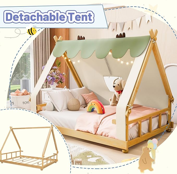 Full Size Floor Bed with Tent and Light, Wooden Montessori Bed Frame with Roof Design, Low Profile Beds for Kids, Boys and Girls, White