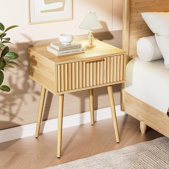 VINGLI Fluted Nightstand with Drawer, 19" W Mid Century Modern Nightstand for Bedroom, Bedside Table, End Tables Bedroom, Wood Night Stand, Oak, 18.9" W*14.96" D*24" H