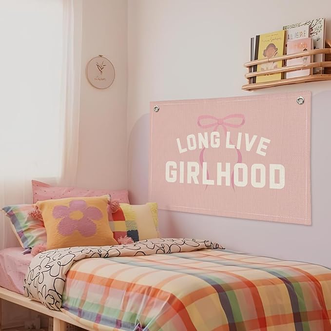 Long Live Girlhood Banner, Girl Nursery Decor, Toddler Girl Room Decor, Pink Bow Girls Room Wall Decor, 30x20 Inch Linen Wall Hanging Canvas Banner Flag