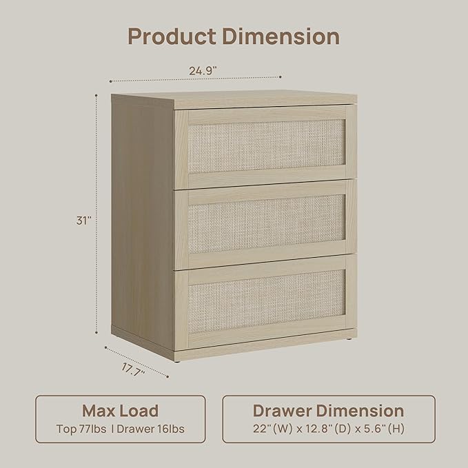 SICOTAS Dresser for Bedroom - Rattan Dresser with 3 Drawers Nursery Dressers & Chests of Drawers Boho Dressers for Bedroom Living Room Small Deep Clothes Closet Storage for Closet Hallway Entryway