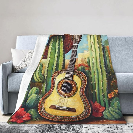Western Guitar Blanket Cactus Decor Throw Blanket Super Soft Flannel Lightweight Fluffy Plush Cozy Fuzzy Fleece Cowboy Gifts Blanket for Kids Boys Adults Man for Bed Sofa 50"X60"