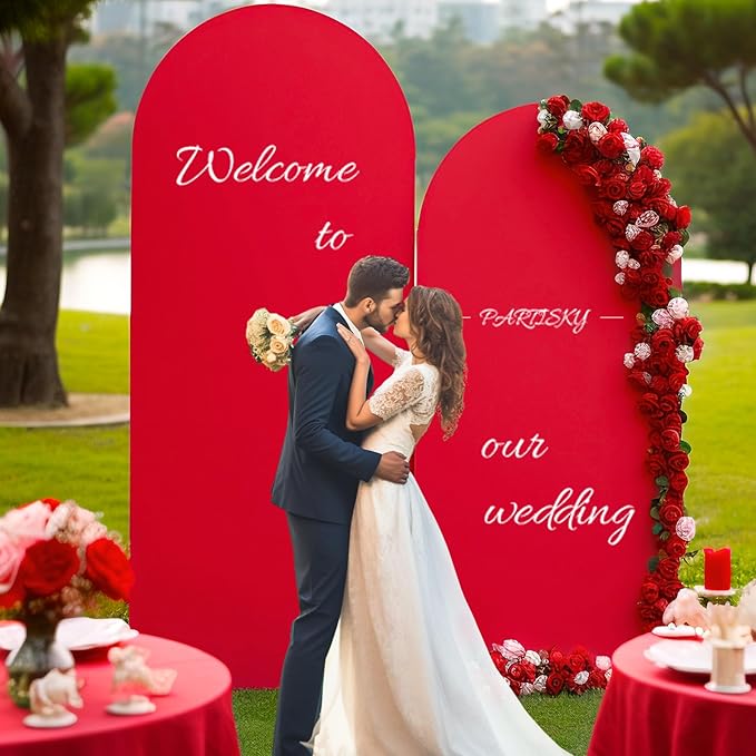 7.2FT Red Arch Backdrop Cover, Spandex Fitted Wedding Arch Stand Covers 2-Sided Round Top Chiara Stretchy Arch Backdrop Cover for Christmas Wedding Birthday Party Baby Shower Banquet Decoration