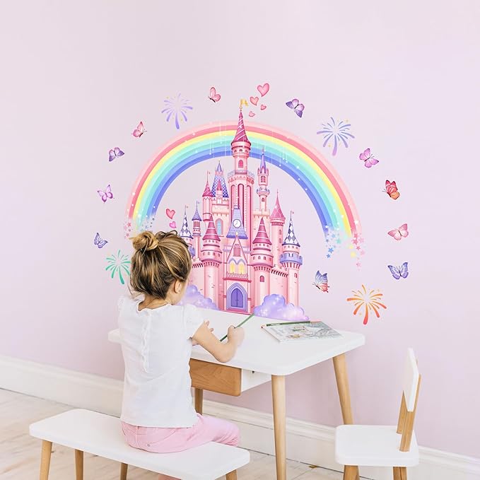 Rainbow Castle Wall Stickers, Watercolor Fireworks Butterflies Wall Decals Peel and Stick Wall Decal Self Adhesive Home Decor for Girls Nursery Kids Room