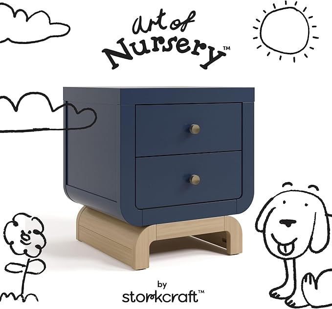 Storkcraft Santorini 2 Drawer Nightstand (Midnight Blue & Driftwood) - GREENGUARD Gold Certified Nightstand for Kids Bedroom, Premium Wood with Curved Base, “Champagne” Metal Knobs