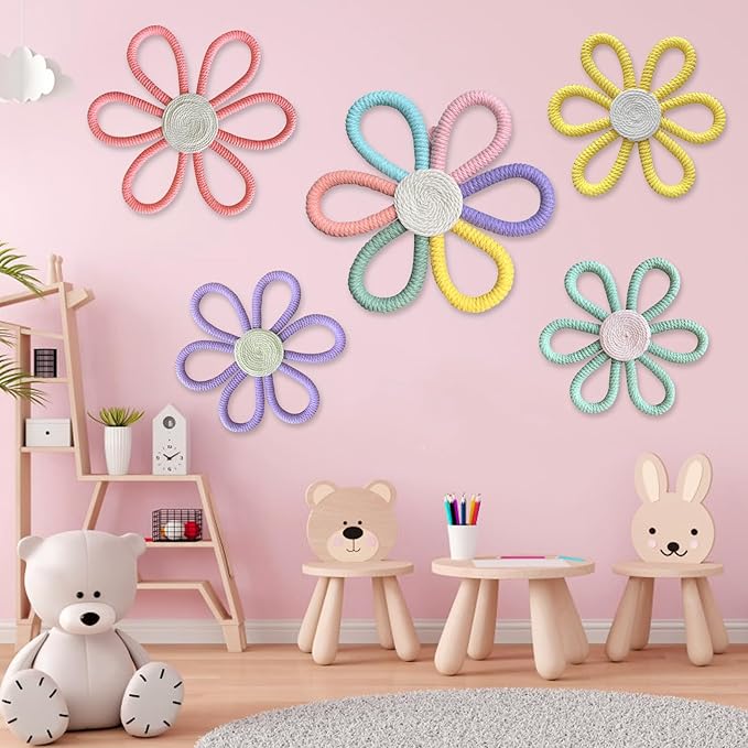 5 Pcs Boho Daisy Flower Wall Decor 3 Size Woven Floral Art Wall Hanging Supply for Boy Girl Multicolors Bohemian Home Bedroom Room Decorations