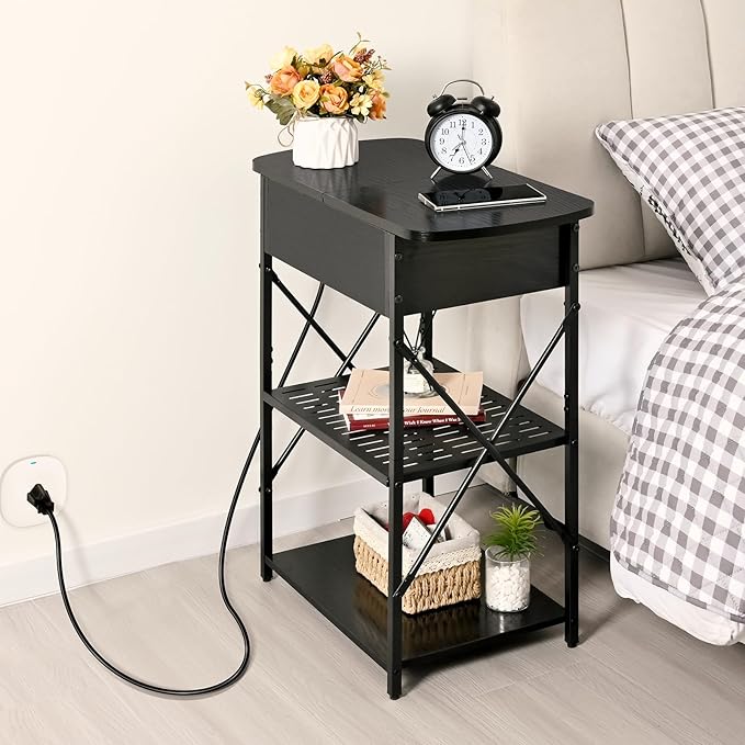 Livofloral Narrow Side Table with Charging Station, End Tables Set of 2 for Small Spaces, Flip Top End Table with Storage, Black End Tables Living Room, Nightstand Set 2 with Drawer for Bedroom
