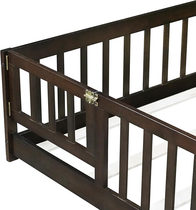 Bellemave Full Size Floor Bed for Kids, Girls, Boys, Rubber Wood Floor Bed with slats and Door, Espresso
