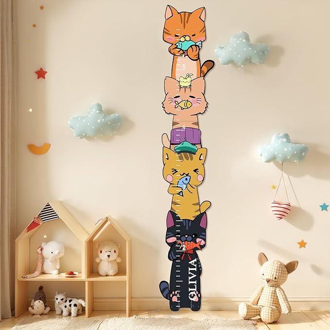 Personalized Name Growth Chart for Kids, Kitten Eating Fish Wooden Height Chart for Wall, Height Measurement for Wall Kids Height Wall Chart Kids Room Nursery Wall Decor