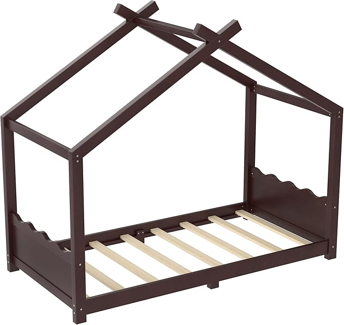 Twin Size Wooden House Floor Bed - Kids Bed Frame with Roof & Support Slats for Bedroom, No Box Spring Needed, Easy Assembly (Espresso)