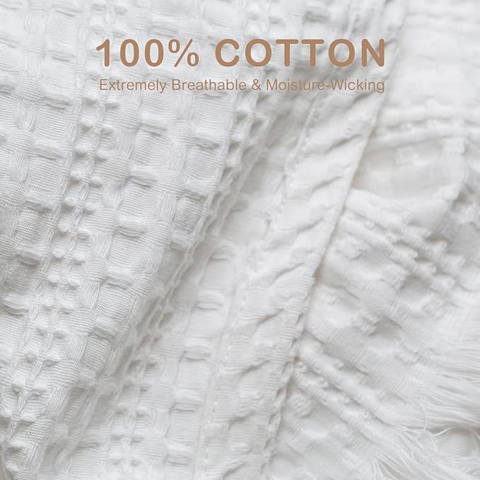 100% Cotton Waffle Queen Blanket with Fringe 90"x90", Pre-Washed Waffle Weave Blanket for All Season, Lightweight Breathable Soft Cozy Throw Blanket for Couch, Bed, Travel (White)