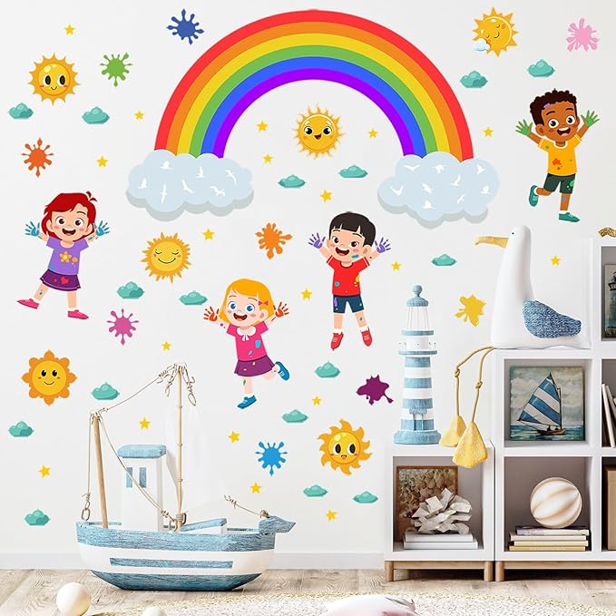 Rainbow Wall Decals Colorful Kids Wall Stickers for Classroom, Inspirational Sun Clouds Wall Decals Watercolor Splatter Sunny Art Murals for Girls Room Nursery Playroom Decorations