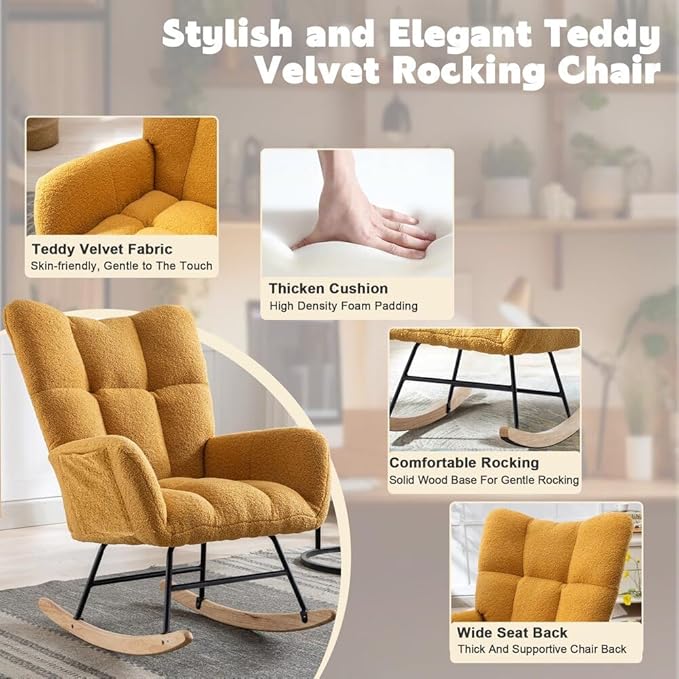 Nursery Rocking Chair Teddy Upholstered Glider Rocker Rocking Accent Chair with High Backrest Armchair Comfy Side Chair for Living Room, Bedroom, Offices (Turmeric)