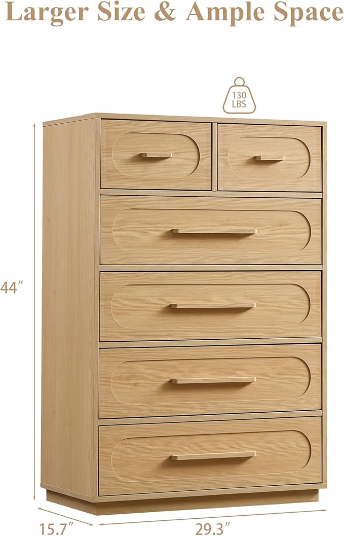 6 Drawers Dresser for Bedroom, 44" Tall Mid Century Modern Chest of Drawers with Solid Wood Handle, Large Wood Storage Dresser Organizer for Bedroom, Living Room, Natural Oak