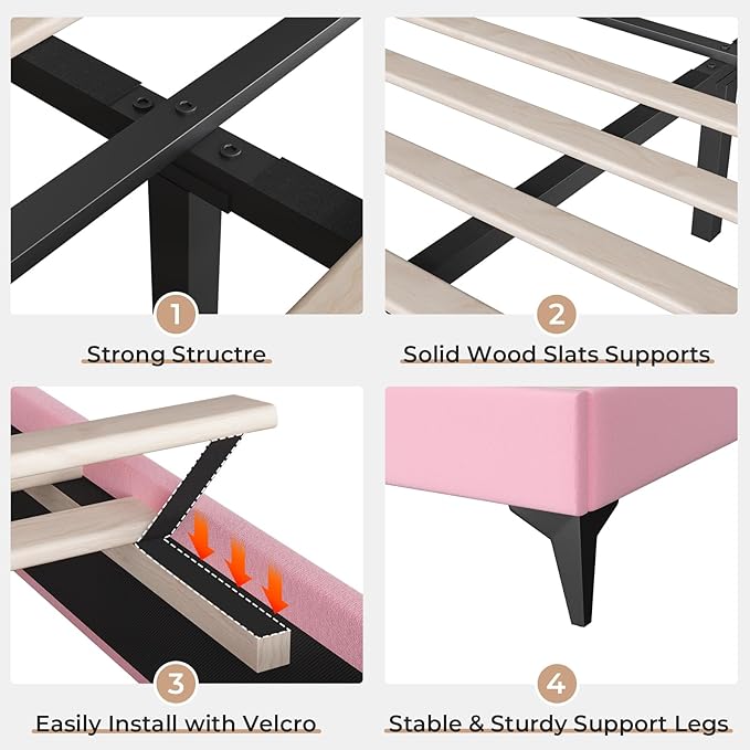 BTHFST Queen Size Upholstered Bed Frame with LED Lights, Princess Platform Bed for Girls, Adjustable Headboard with Crystal Button, Solid Wood Slats Support, No Box Spring Needed, Pink