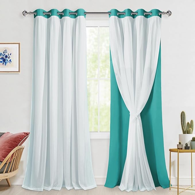 Hiasan Mix&Match Blackout Curtains with Sheer Overlay, Double Layer Thermal Insulated Privacy Grommet Window Curtains for Girls Bedroom,Living Room,2 Drape Panels with Tiebacks,Peacock Teal,52W X 96L