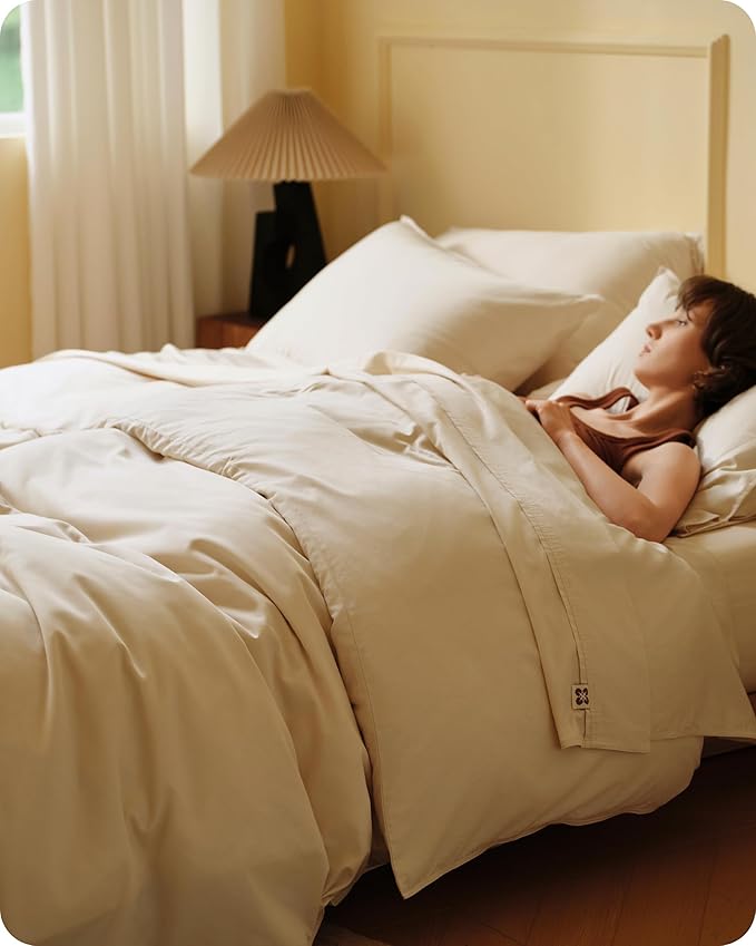 Bedsure Cotton Duvet Cover Queen Size, Cotton & Rayon Derived from Bamboo Blend Duvet Cover Set for Hot Sleepers, Ultra-Soft, Breathable & Lightweight Home Bedding for All Seasons (Beige, 90"x90")