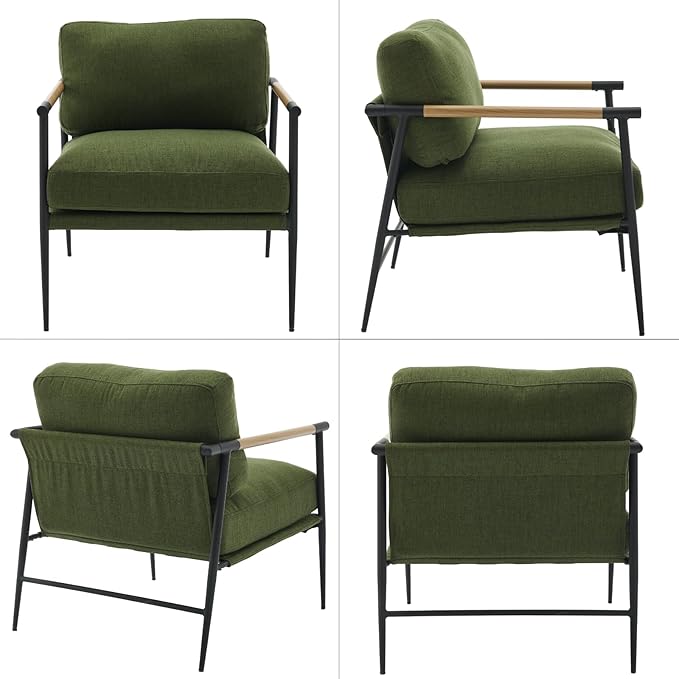 DUOMAY Mid-Century Modern Accent Chair Armchair, Soft Linen Fabric Sofa Lounge Chair Reading Chair with Metal Leg for Living Room Bedroom Office, Green