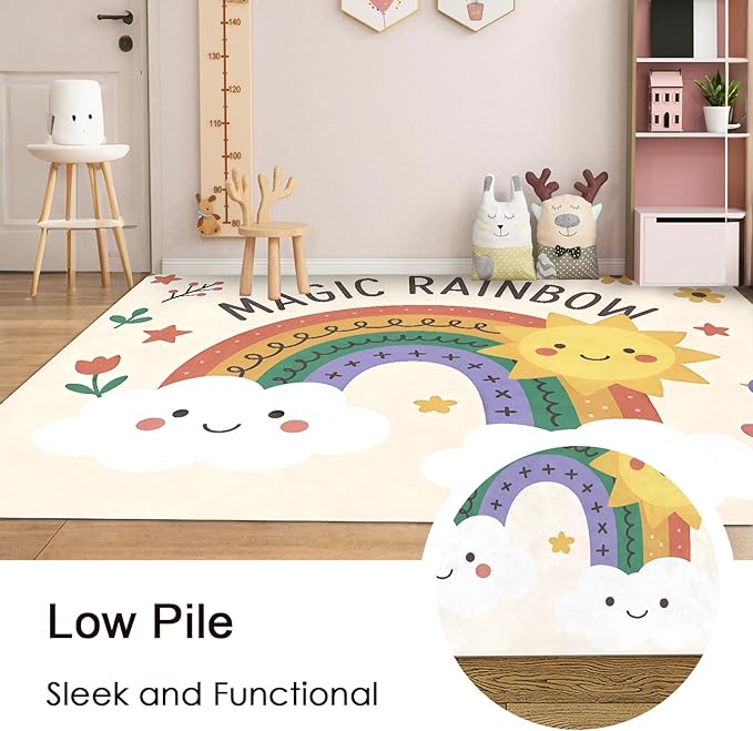 Rainbow Sun Pattern Soft Girls Area Rug for Kids Room Washable Artificial Wool Bedroom Living Room, Funny Carpet Non-Slip Outdoor Indoor Floor Carpet Home Decor, 2'x3'