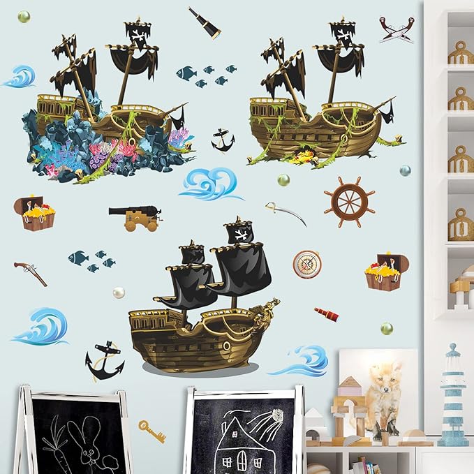 4 Sheet Pirate Ship Wall Sticker Shipwreck Wall Decal DIY Self-Adhesive Waterproof Waves Treasure Fish Hook Pearl Coral Reef Wall Art Decoration for Bathroom Kids Boys Bedroom Playroom Nursery
