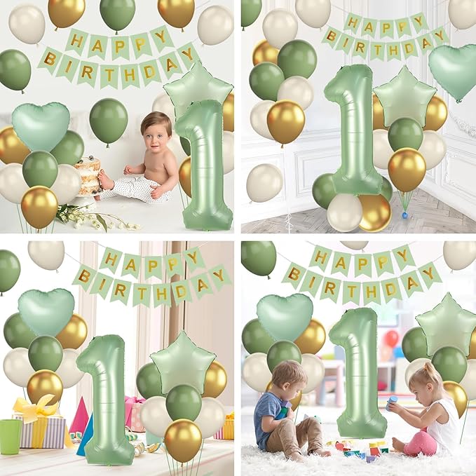 1st Birthday Decoration for Boys Girls, Sage Green White Gold 1st Birthday Balloon with 40 Inch Number 1 Balloon Star Heart Balloons and Happy Birthday Banner for Baby 1 Year Old Birthday Party Decor
