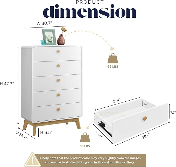 ELISA HOME Aries 5 Drawer Chest for Bedroom, Modern Wide Chest of Drawers, Wood Storage Organizer for Clothes, Entryway, Hallway, Nursery or Living Room, White