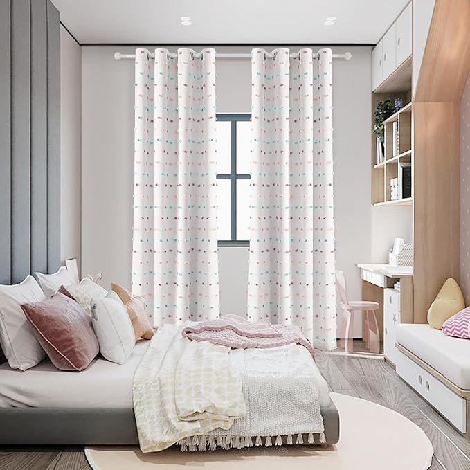 MYSKY HOME 100% Blackout Curtains for Bedroom Total Light Blocking Curtains 90 Inch Long Room Darkening 2 Panels Grommet Double Layer Privacy Window Drapes with Rainbow Pom Pom Sheer 52" x 90"