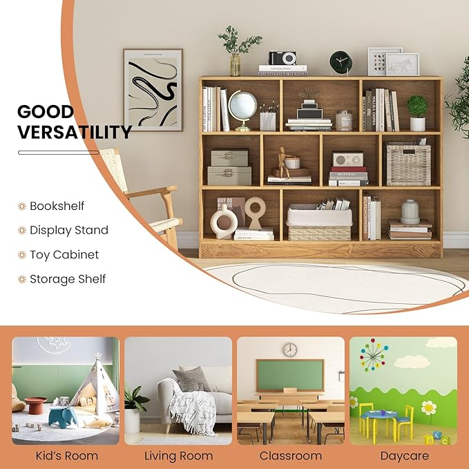 Costzon 10-Cube Bookshelf for Kids, Wooden Toy Storage Organizer w/ 2 Anti-Toppling Kits, 3 Tier Open Shelves & Non-Slip Foot Pads, Montessori Toy Shelf for Kids Rooms, Playroom, Classroom, Nursery