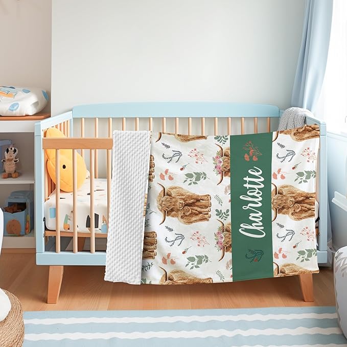 Personalized Baby Name Blanket for Boy Girl, Soft Flannel Blanket with Double Layer Dotted Backing for Infant Newborn, Nursery Crib with Floral Highland Cow Design, Gifts for New Mom(47" x60)