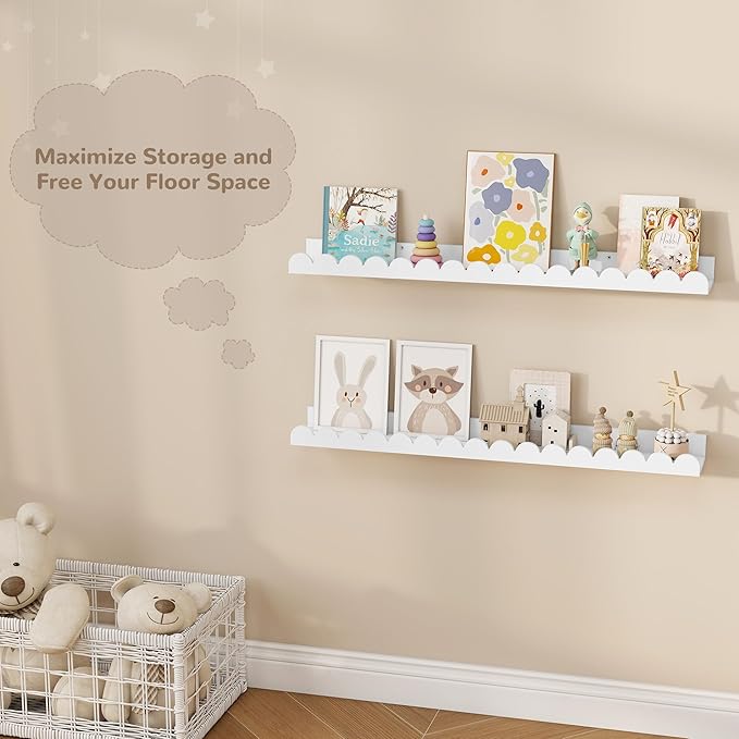 Fun Memories 32 Inch White Floating Shelf, Scalloped Picture Ledge for Nursery, Set of 2, Wall Mounted Book Shelves for Kids Room, Toddler Room