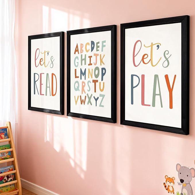 3 PCS Alphabet Framed Playroom Wall Decor,Classroom Must Haves Boho Educational ABC Poster Wooden Sign for Baby Girl Kid Boy Toddlers,Neutral Preschool English Letters Nursery Decor for Homeschool Kindergarten Kids Learning Black