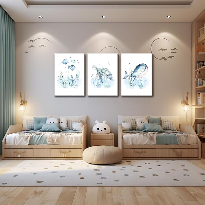 Wodkwq Ocean Nursery Decor, Set of 3 Boys Room Sea Animal Wall Art Picture Canvas Prints, 12x16 Inch Framed
