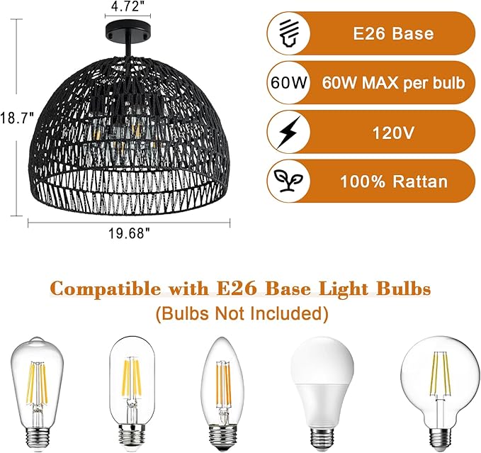 Rattan Ceiling Light Fixture, 4-Light Boho Semi Flush Mount Ceiling Light, 20" Wicker Light Fixture with Handmade Woven Cage Lampshade, Rattan Chandelier for Bedroom Hallway Nursery Kitchen Farmhouse