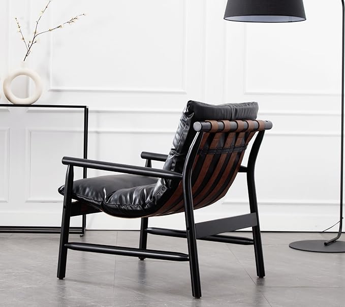 Faux Leather Accent Chair Mid Century Modern Living Room Chairs Comfy Arm Chair with Solid Wood Frame Upholstered Lounge Reading Chair Cozy Recliner for Bedroom/Guest Room, Black