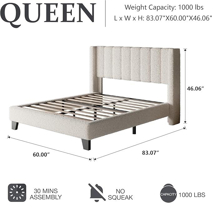 Queen Bed Frame with Headboard Upholstered Platform Bed Frame with Teddy Velvet Headboard, Wooden Slats Support/Wing Edge Design/No Box Spring Needed/Easy Assembly, Beige Queen